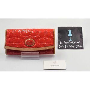 Coach Women's Orange Beige Patent Leather Signature Embossed Wallet Size L 2727